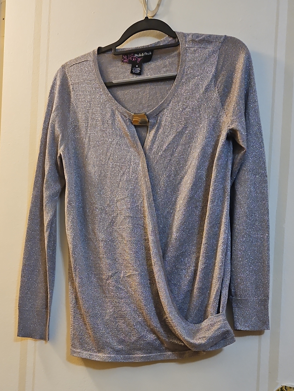 Peck & Peck Medium Silver Metallic Drape-Front Long Sleeve Top